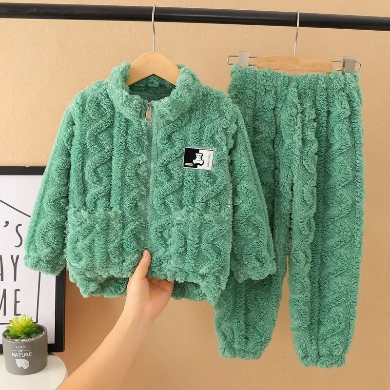 

Winter Coral Fleece Thermal Pajamas for Boys Girls Babies Flannel Long Sleeve Loungewear Set