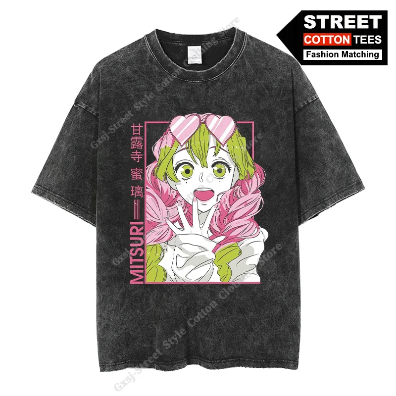 

Anime - Kanroji Mitsuri Cover T Shirt y2k Harajuku Street styl Men Women Short Sleeve Cotton Retro Washed Casual Loose Tees