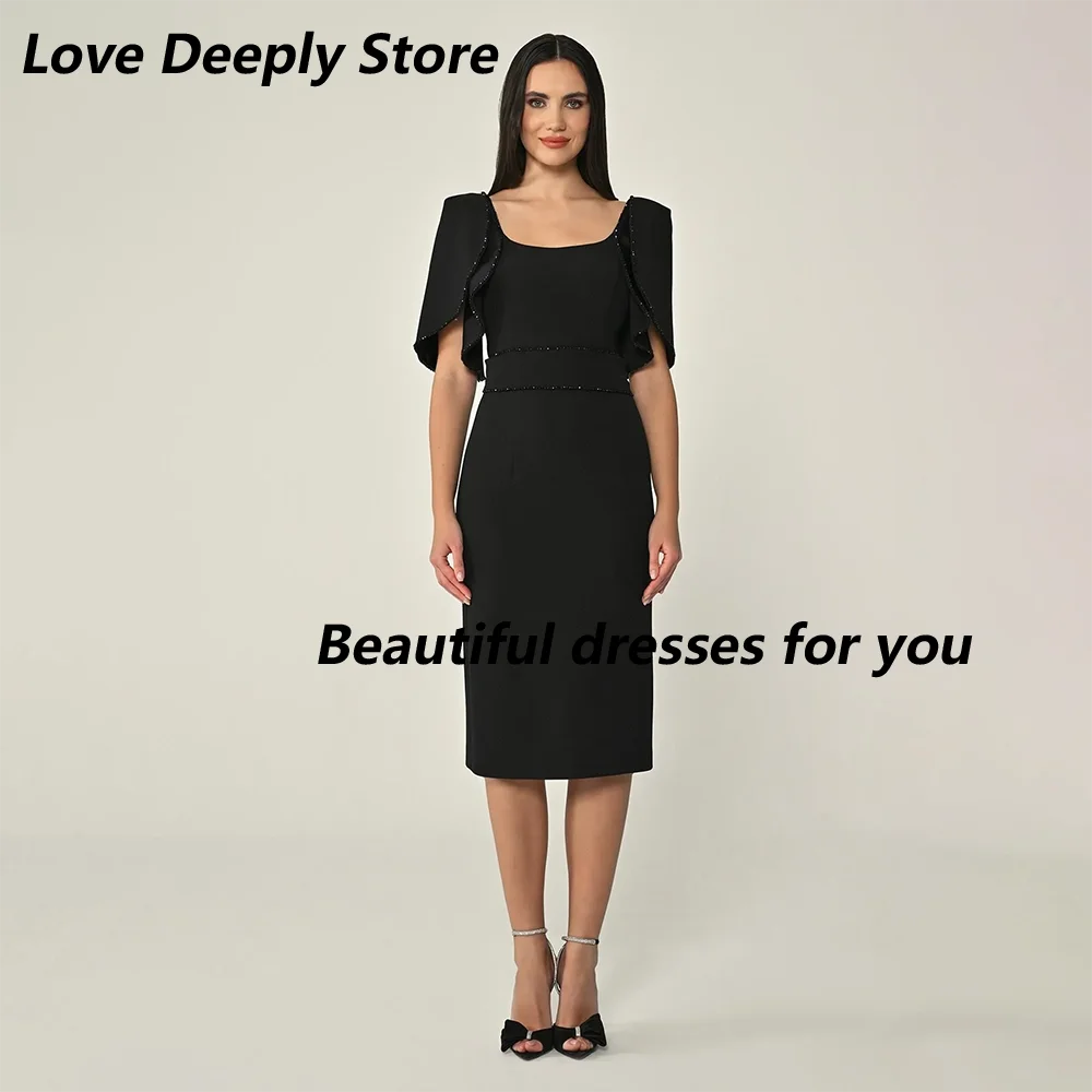

Midi Evening Dress Customized Short Sleeves Square Neck Tea Length Sheath Cocktail Party Gown Cut Out Back Prom Dresses