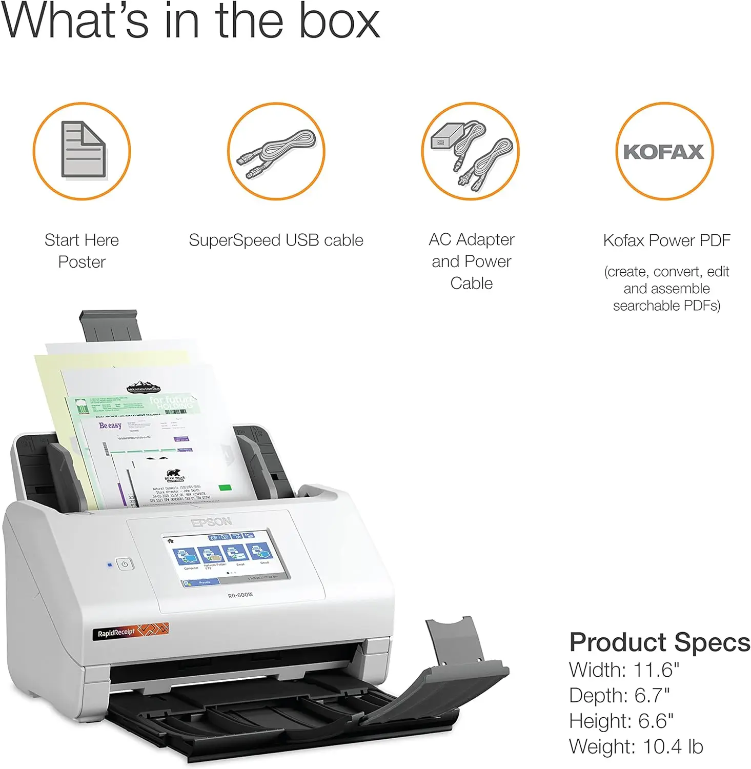 RapidReceipt RR-600W Wireless Desktop Color Duplex Receipt and Document Scanner with Receipt Management