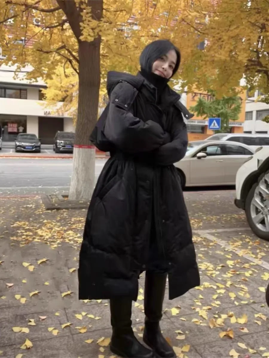 

Faionable Long Over-Knee Du down Jaet Women's Coat with Hood Thi Warm Straight Cut Winter Outerwear Sli Slimming