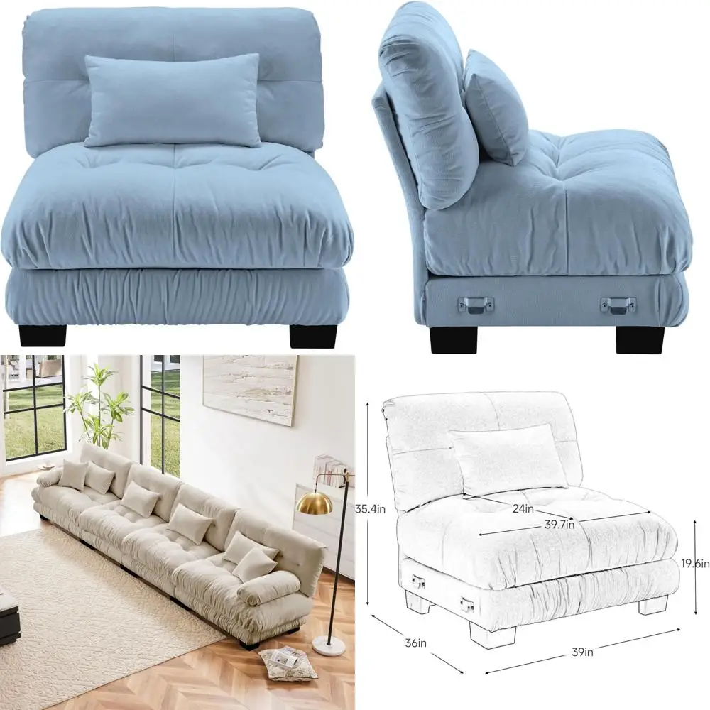 Blue Armless Sofa with One Pillow, Modern Comfortable Living Room Furniture, Perfect for Small Spaces and Contemporary Interiors