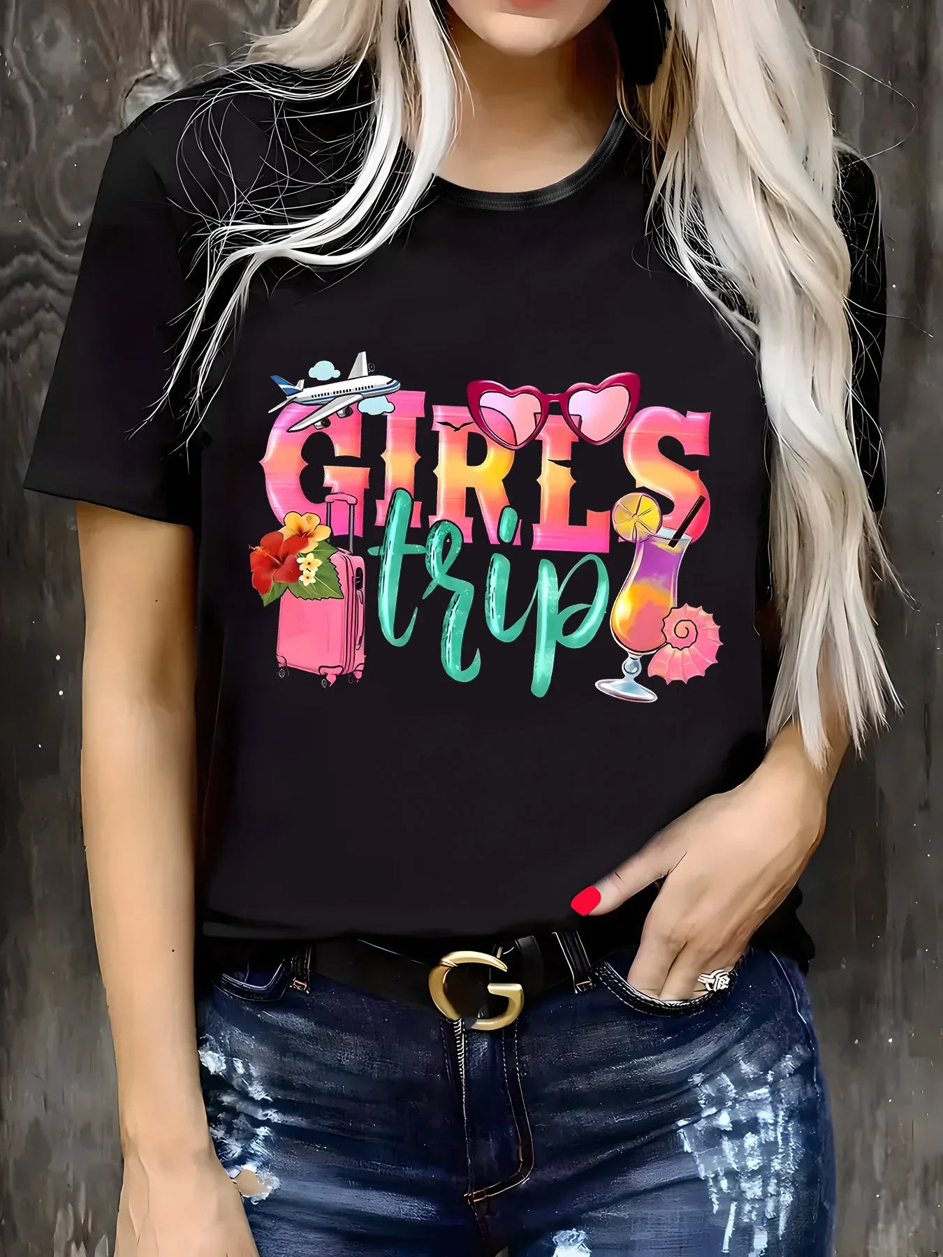 

Camiseta gráfica de viaje para niñas de talla grande manga corta negra con estampado de vacaciones