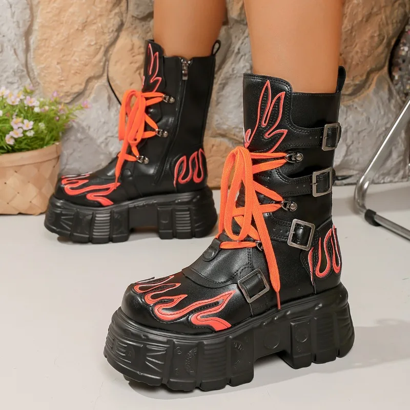 

Platform Mid-Tube Boots Fall New Round Toe Studded Side Zip Front Lace-Up Non-Slip Single Boots