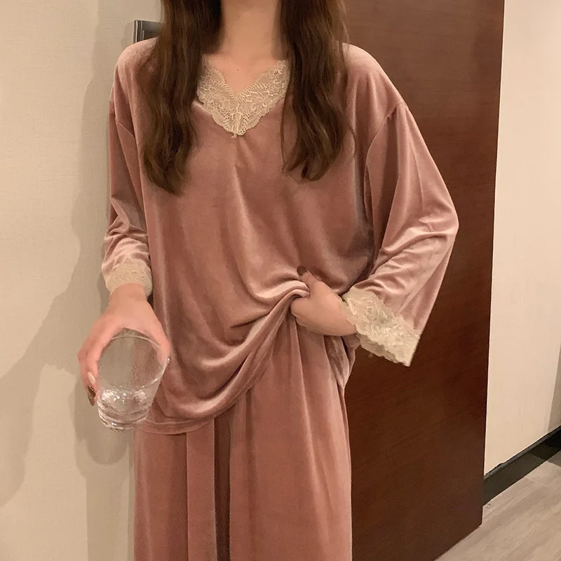 

Velvet Pajamas Set Autumn Female Sleepwear Loose Casual Velour Shirt&Trouser Suits Pyjama Pour Femme Sexy Lace Home Clothes