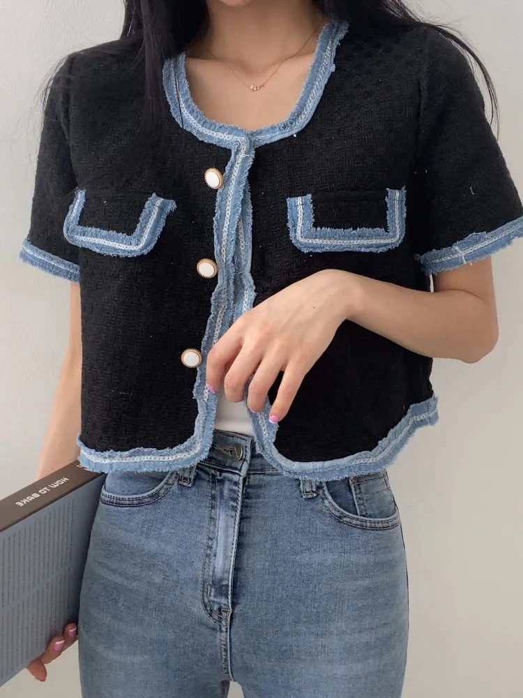 Spring Summer New Tops Women Print Fringe Patchwork Fashion Short Sleeve Korean Style Ladies Cropped Coats Loose Woman Tops