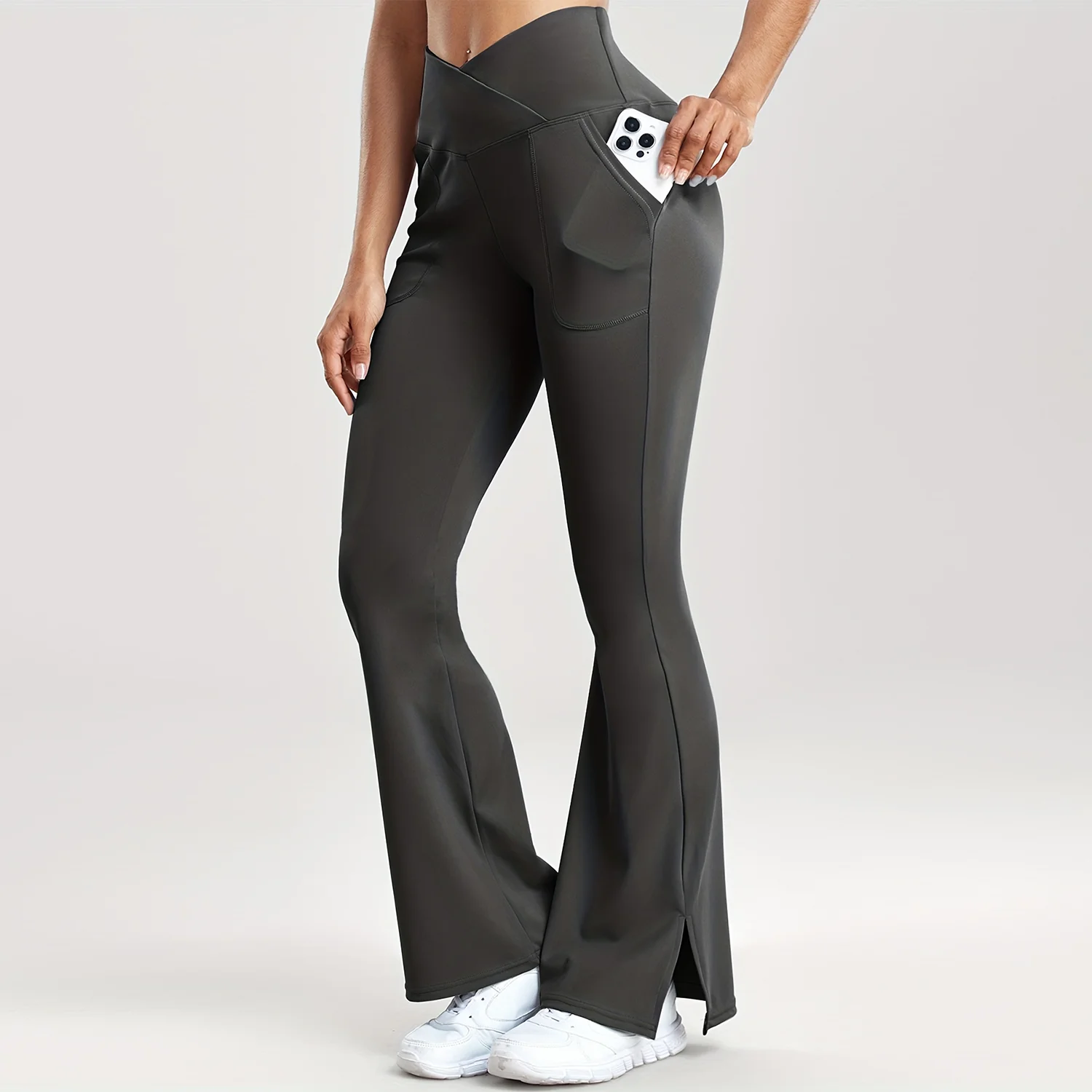 Frauen Casual Solide V-Taille Tasche Seite Vent Ausgestelltes Leggings Slim Fit Mode Streetwear Dame Hosen