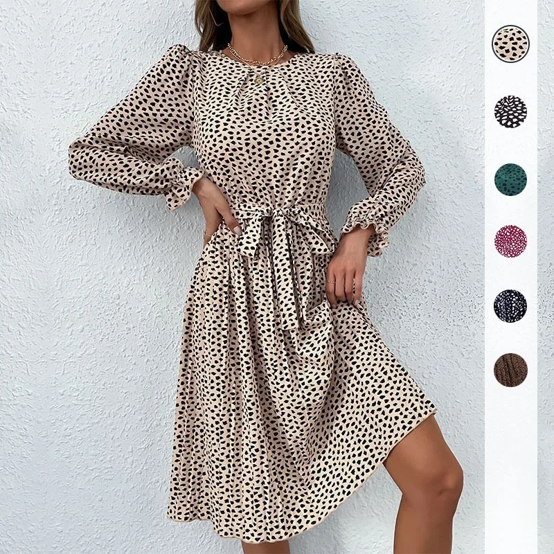 

Women Dress Long Dresses Leopard Print Round Neck Full Sleeve Lace Up Tight Waist A Line Vestidos Casual Elegant Splice Autumn