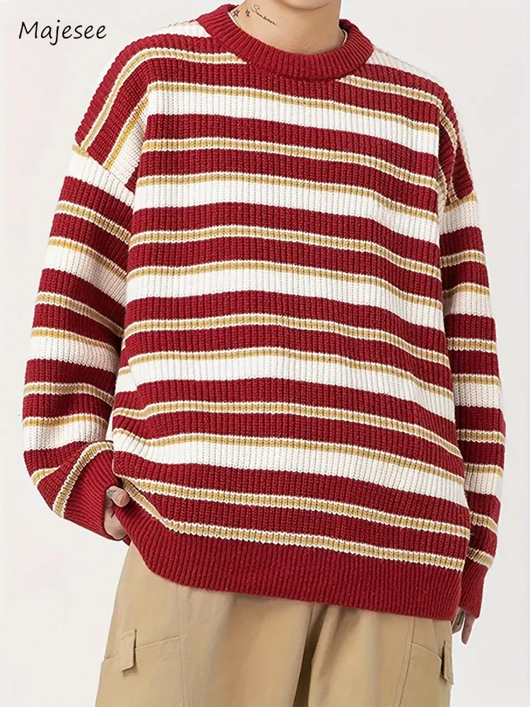 

Classical Men Striped Pullovers Knitwear Vintage Loose O-neck Autumn Couples Unisex Winter Hipsters Versatile Cozy Trendy Temper