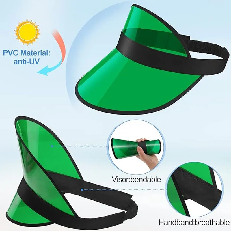 Outdoor Golf Cap Universal Sun Shade Transparent UV-Resistant Soft PVC Plastic Green Color Adjustable Summer Empty Top Sun Visor