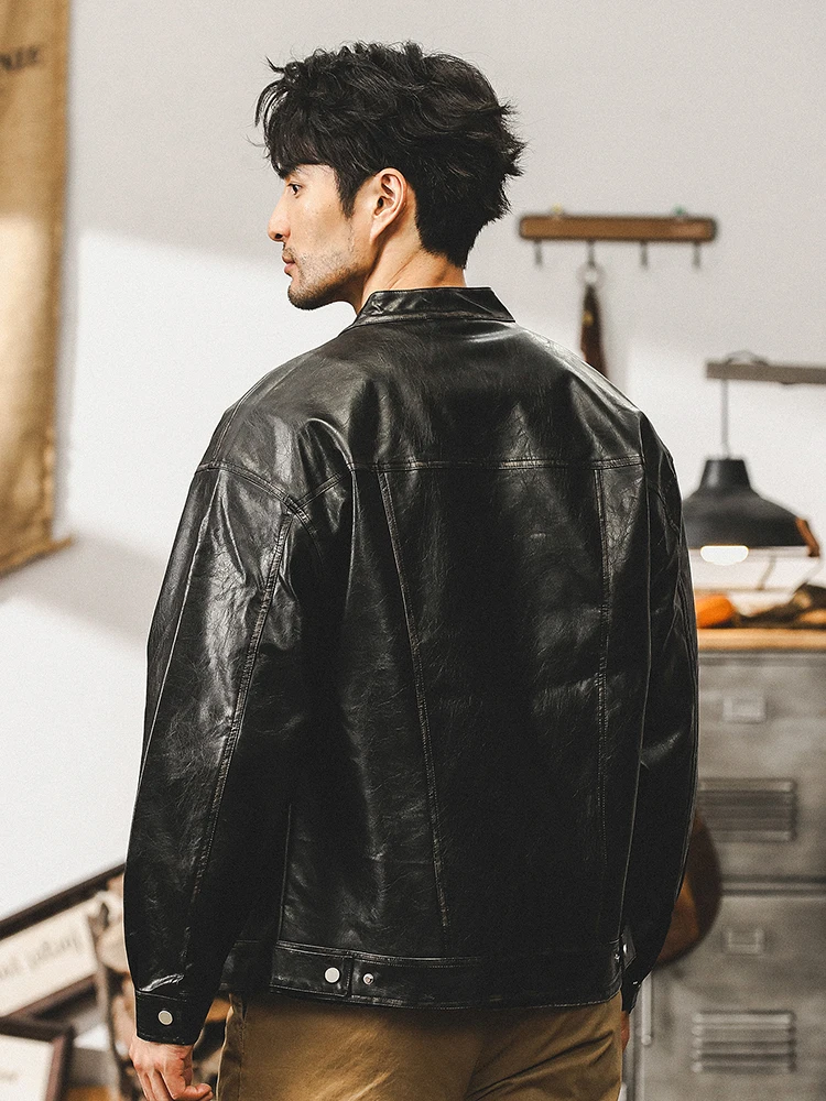 الأمريكية الرجعية الوزن الثقيل دراجة نارية جلدية Jaet الرجال فضفاض الخريف العصرية العلامة التجارية Merald Haome العمل الجلود Jaet الرجال