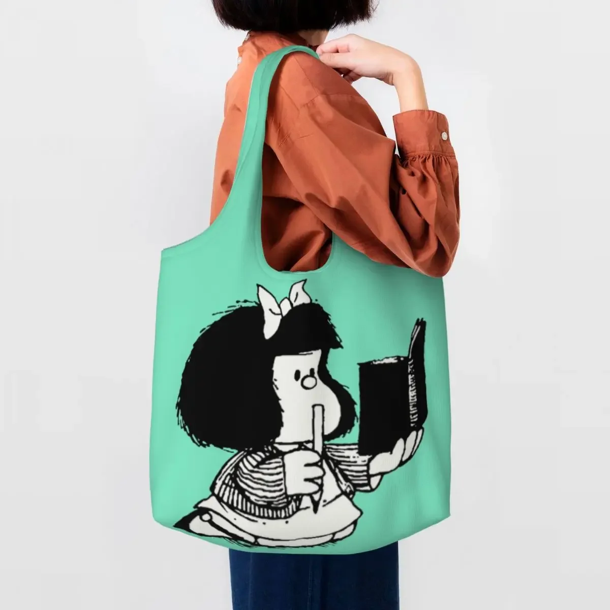 Custom Print Mafalda Reading Her Book Shopping Tote Bag Portable Canvas Shoulder Shopper Kawaii Cartoon Manga  Bags Handbag