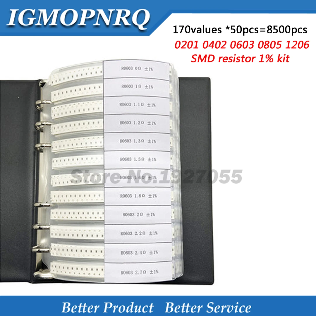 170values *50pcs=8500pcs 0201 0402 0603 0805 1206 SMD resistor 1% 0R~10M Sample Book Resistors Assortment Kit Resistors