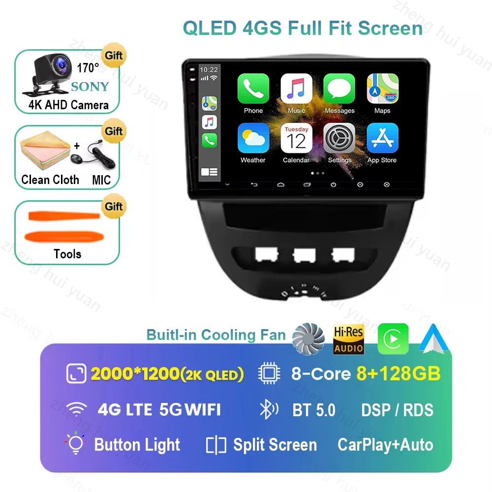 Voor Peugeot 107 Toyota Aygo Citroen C1 2005-2014 Android 16 Carplay & Auto Autoradio Navigatie Multimedia Stereo Speler BT QLED