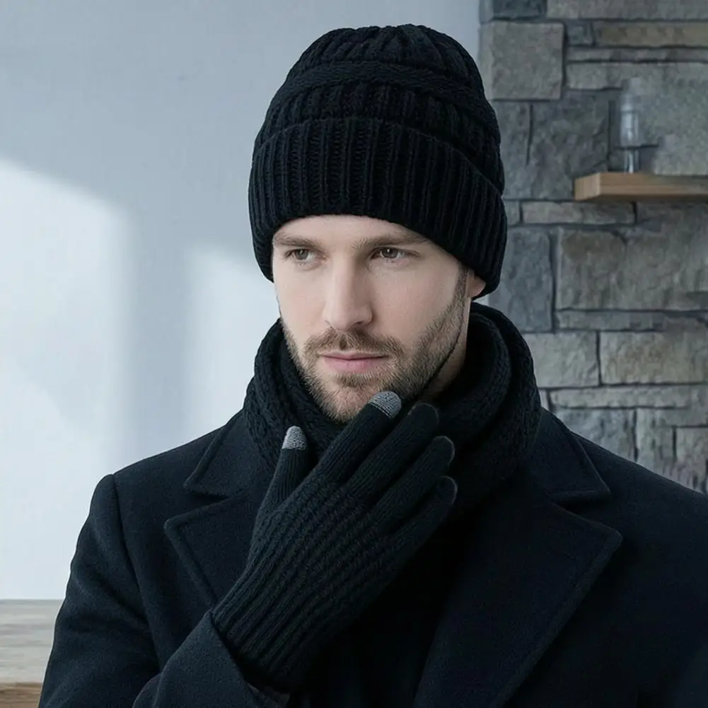 Touch Screen Winter Gloves Winter Thermal Three-piece Set Thick Knit Hat Scarf Gloves Kit Weather Ear for Outdoor for Men