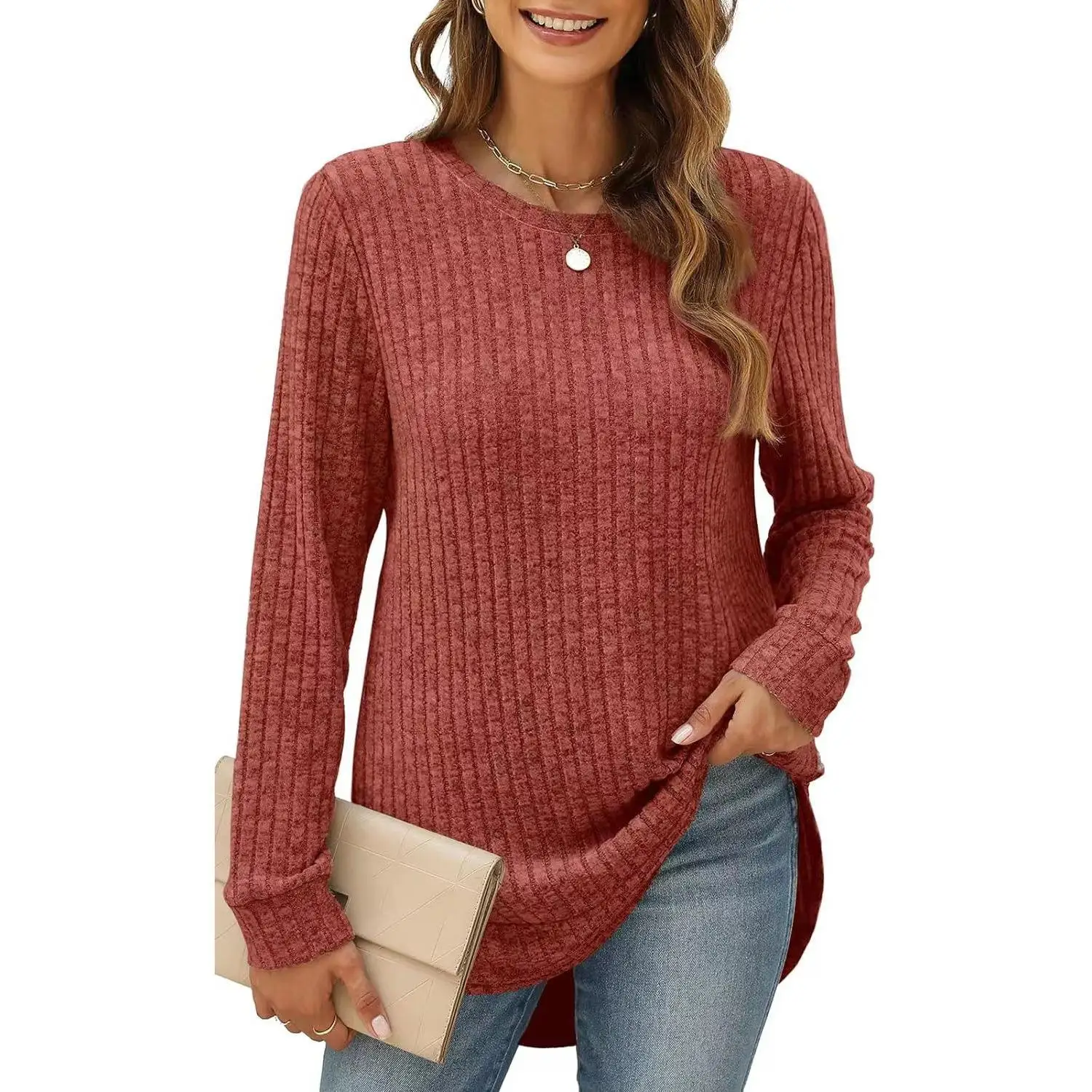 

Women's Long Sve Brued T-irt Top Comfortable Polyester Loose Fit Color Crew Ne Pullover Faion Trend