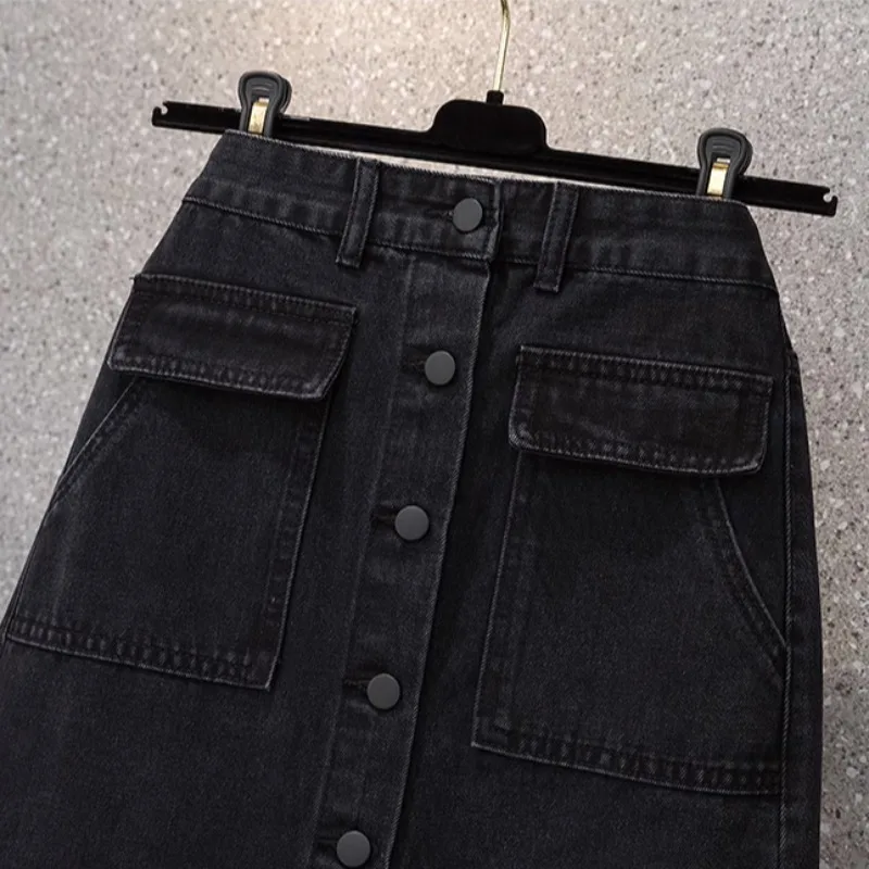 Oversized Women Black Denim Skirts Autumn New High Waist Single Breasted  A-line Ladies Skirts Elegant Slit Midi Jean Skirts