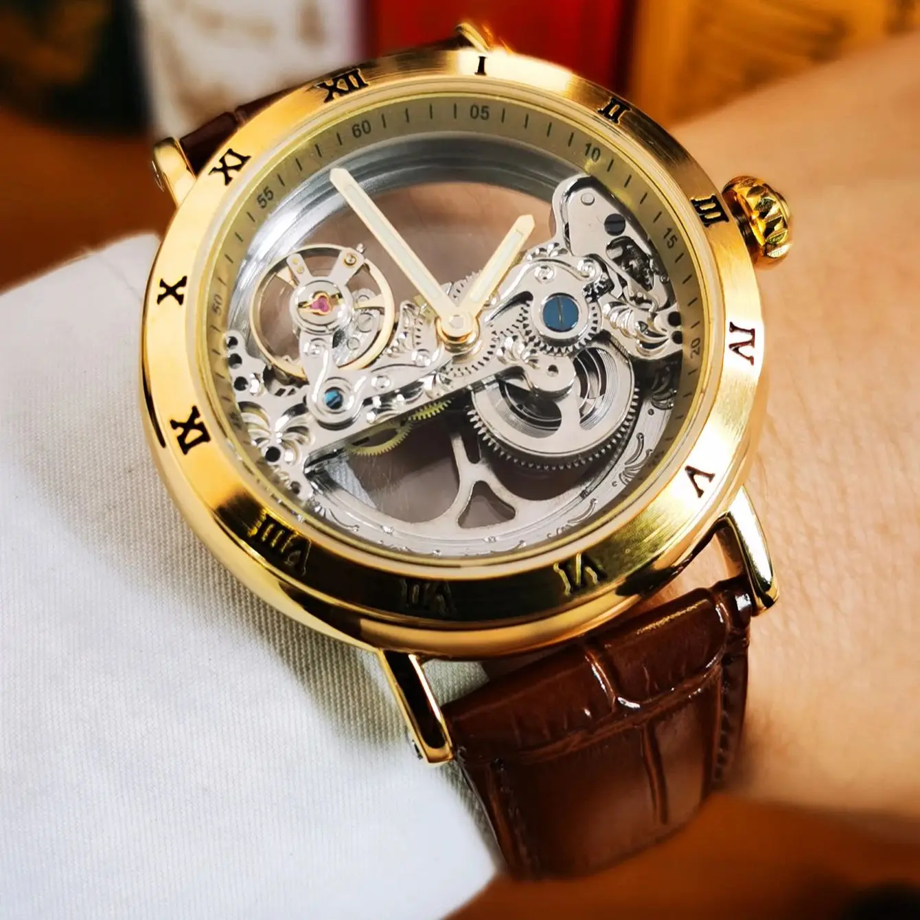 

Forsining винтажные автоматические механические часы с золотым мостом и скелетом для мужчин, классические мужские часы со светящимися стрелками и кожаным ремешком