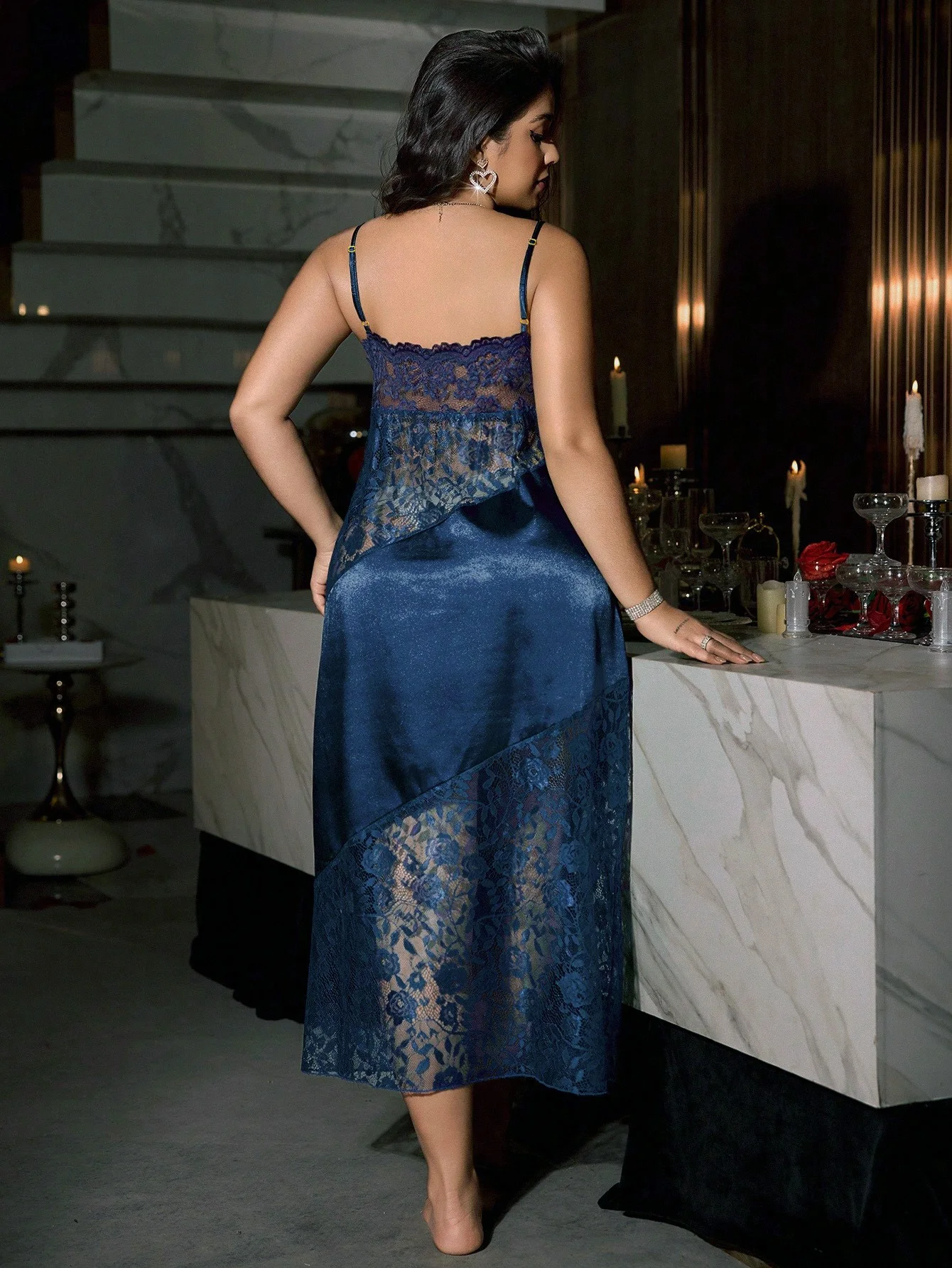Women's Deep Navy Satin Long Nightgown, Rose Floral Lace Splicing Deep V Thin Spaghetti Straps Luxurious Elegant Plus Size Atmos - view 6