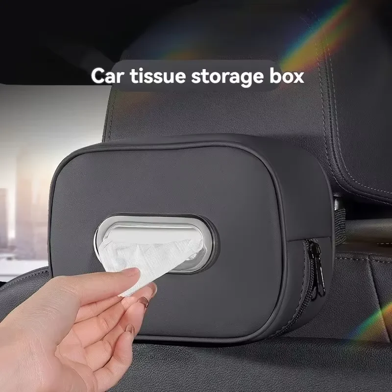 Leather Car Tissue Box Holder, Universal Hanging Napkin Case for Headrest Sun Visor Armrest, Car Interior Accessory