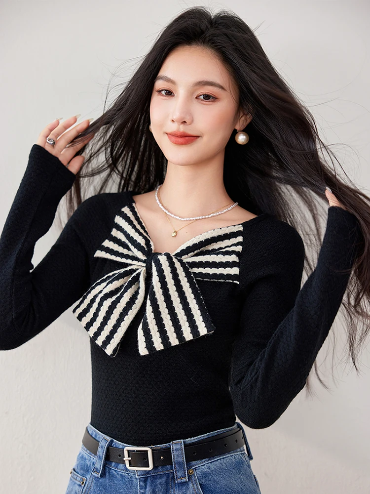 2024 jesienno-zimowy sweter w paski z kokardką moda Harajuku Retro bluzki z dzianiny damskie Casual sweter z długim rękawem