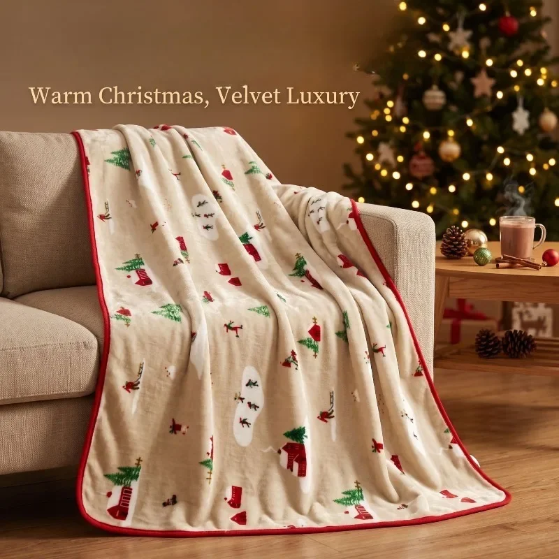 Christmas Town Printed Flannel Throw Blanket Beige Holiday Blanket Home Sofa Warm Decor Nap Blanket
