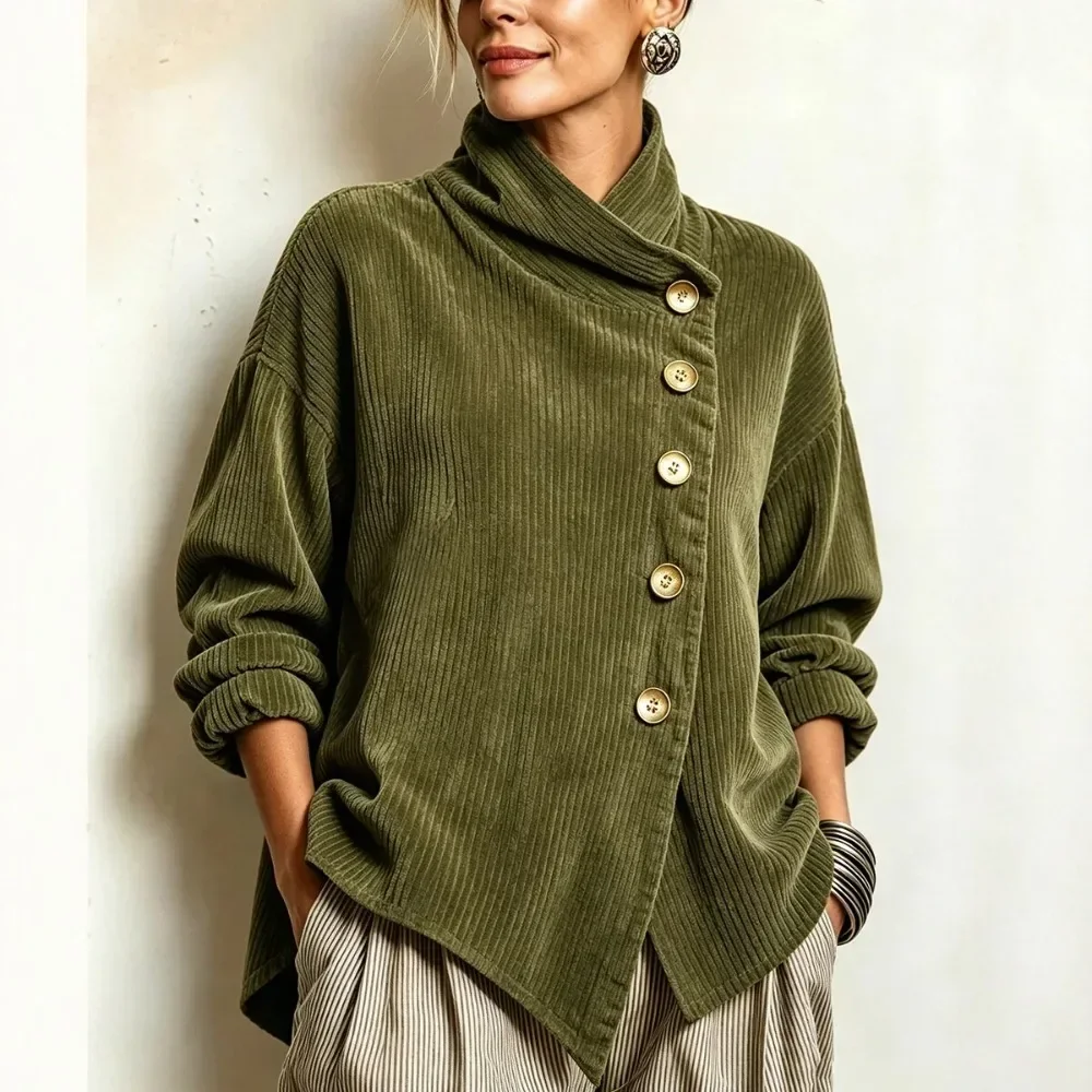 Retro French Relaxed Corduroy Jacket Women Stacked Collar Loose Fit High Neck Top 2026
