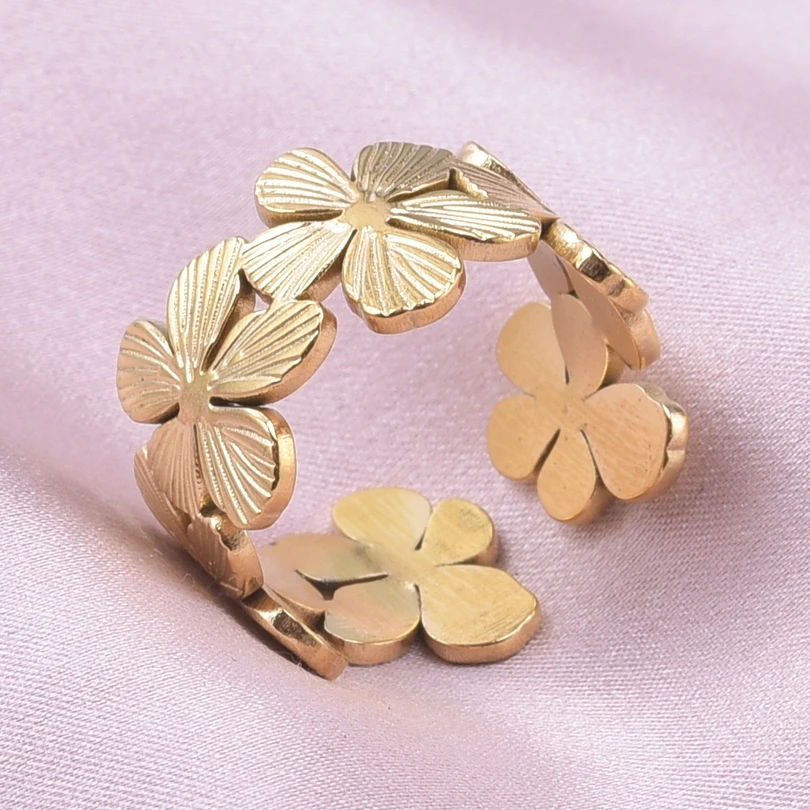 Adjustable Stainless Steel Beads Ball Leaf Ring Set