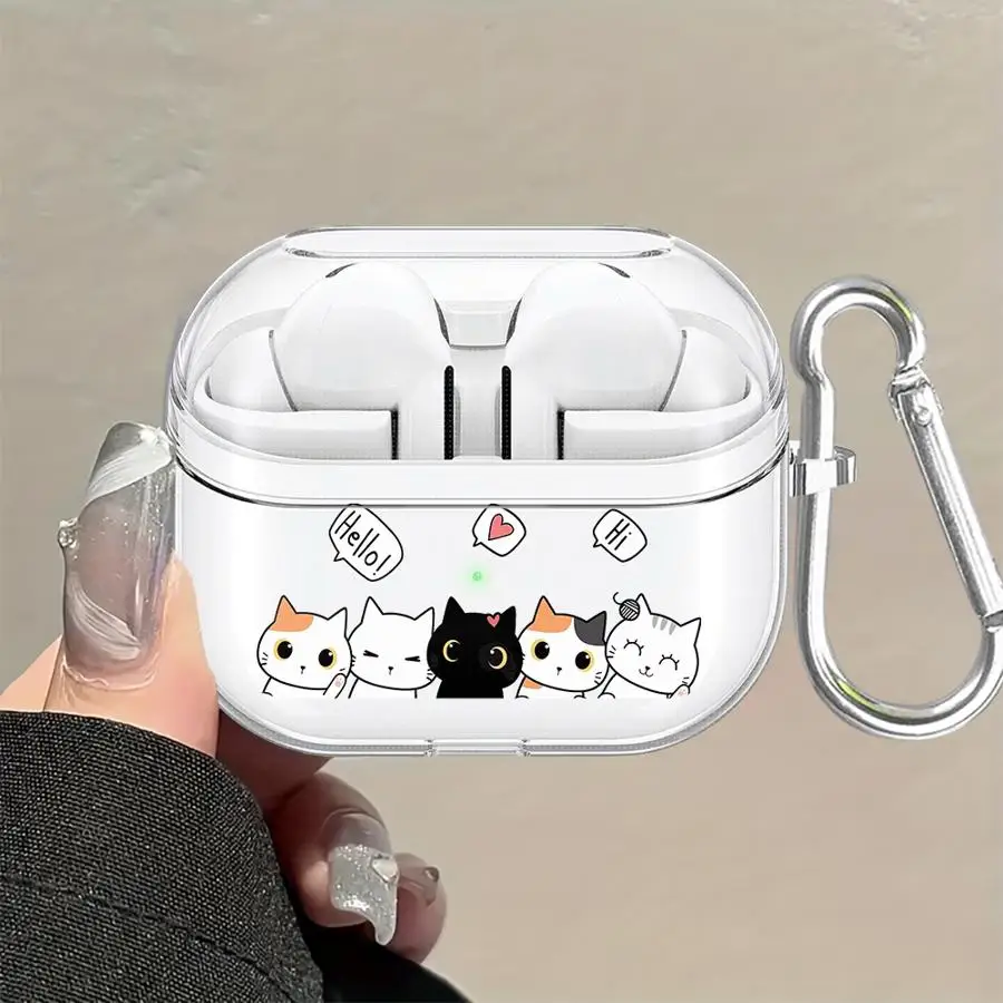 Cute Line Cat Clear Earphone Cases Cover With Hook Case For Samsung Galaxy Buds 2 3Pro 4 Pro 2Pro 3 FE 4Pro Live