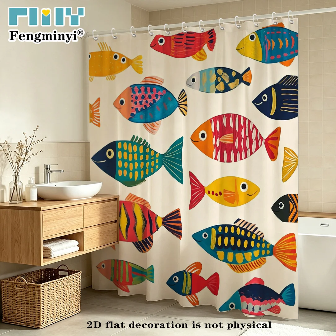 2D Flat, 2D Flat, 2D Flat Shower Curtain 1pc, Ocean Fun Shower Curtain, Polyester Fabric, Displaying Colorful Fish Swimming And