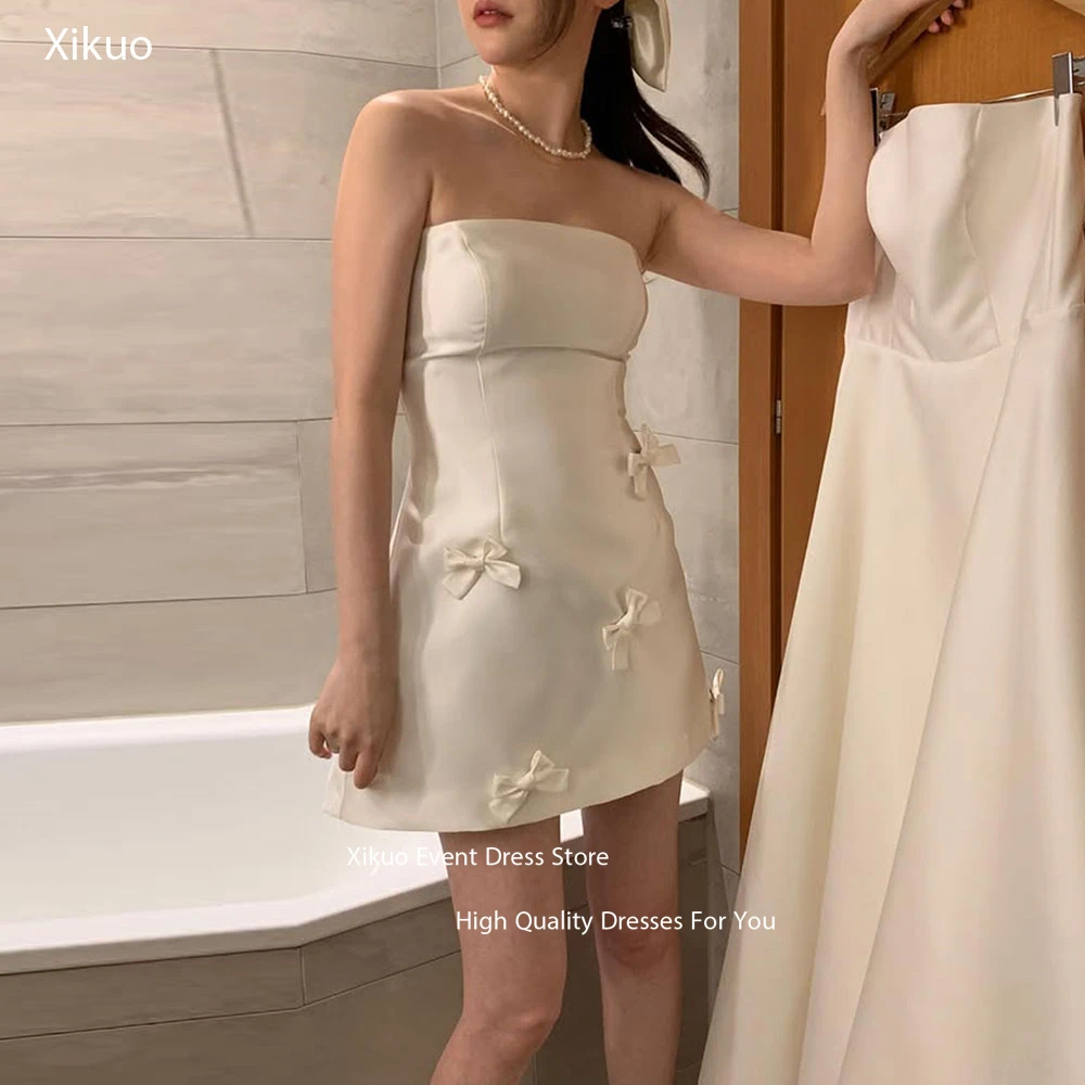 Xikuo Romantic Handmade Bow Detailed Wedding Dress Short Lvory Vestidos De Novia Strapless Bridal Gowns For Girl Customized