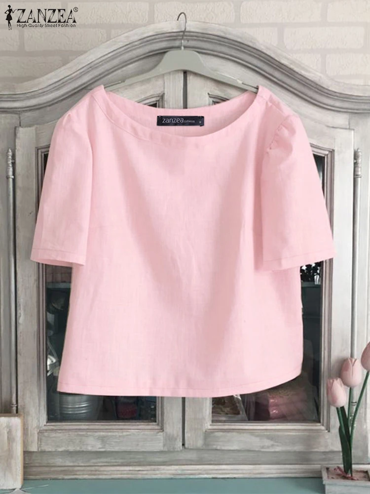 

ZANZEA Women Blouses Summer Short Sleeve Tops Vintage Solid Color Blusas 2025 Fashion O Neck Casual Loose Tunics Oversized