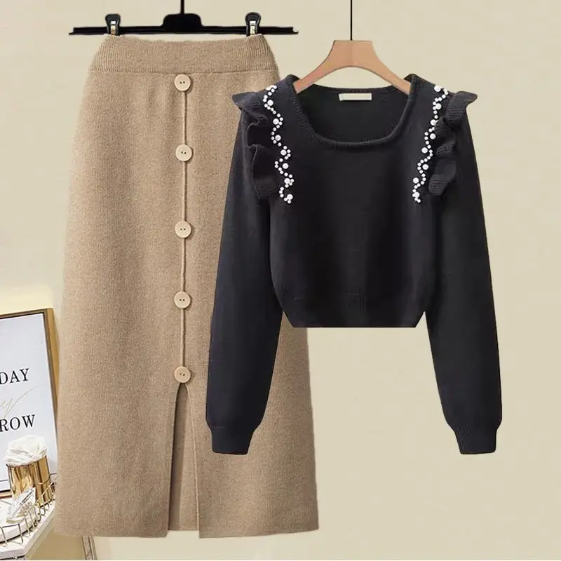 Women\'s French Spring Autumn Suit Fashion Elegant Pearl Ruffle Beaded Sweater Top Knitted Shirt Split Half Skirt Two Piece Sets