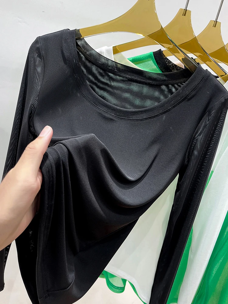 

Bla Transparent Double Layer Me Base irt Women's Autumn Winter Low Ne Long Sve T-irt Sexy Lace Top Faionable P...