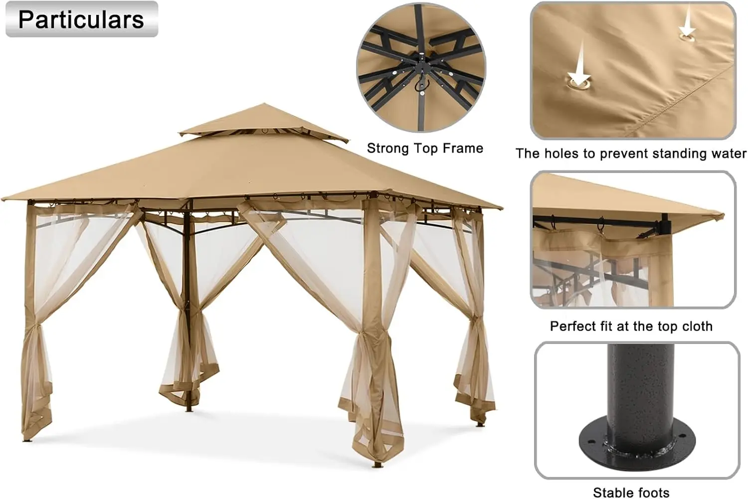 

Outdoor Garden Gazebo for Patios with Stable Steel Frame and Netting Walls (10x10, Beige)