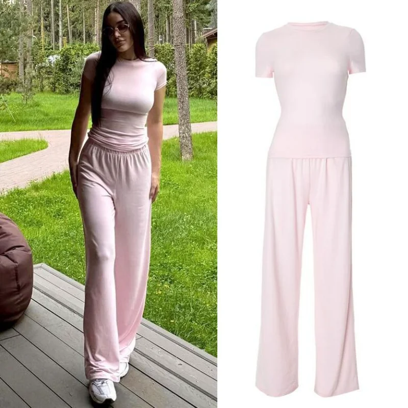 

Street Fashion Simple Elegance round Neck Slim Short Sleeve T-Shirt High Waist Loose Straight Leg Pants Comfortable Two-Piece...
