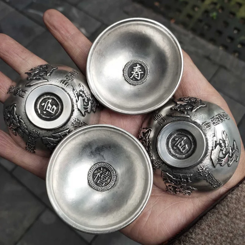 Antique Bronze Ware Collection Brass Fu Lu Shou Xi Small Bowl Patina Moisture Home Tea Ceremony Craft Ornament