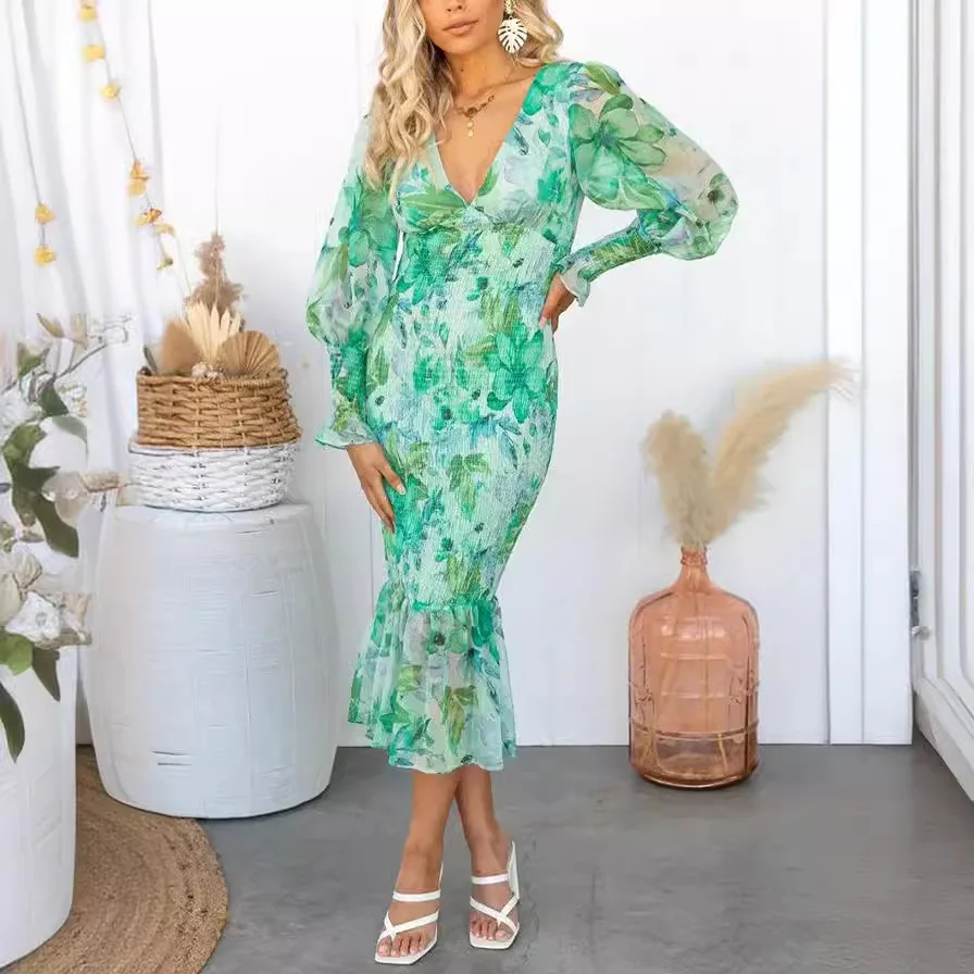 

Elegant Women's V-neck Trendy Long Dresses Spring Summer 2025 New Print Ruffle Edge Long Sleeve Dress Personality Robe Femme