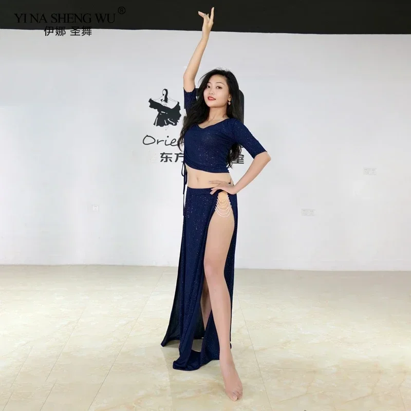 جديد إمرأة الرقص الشرقي ممارسة ازياء 2 قطعة مجموعة مثير أعلى مطرز طويل سبليت تنورة الإناث الرقص الشرقي التدريب الملابس ارتداء #5