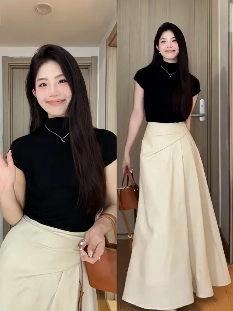 

Women's plus Size Gentle Sle ort Sve T-irt High Waist Pleated Skirt Spring Faion Two-Piece Set Slim Fit