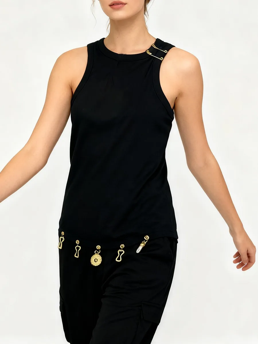 TWOTWINSTYLE Solid Slimming Spliced Sequined Fashion Vests for Women Round Neck Sleeveless Design Sense Vest Female Clothing New