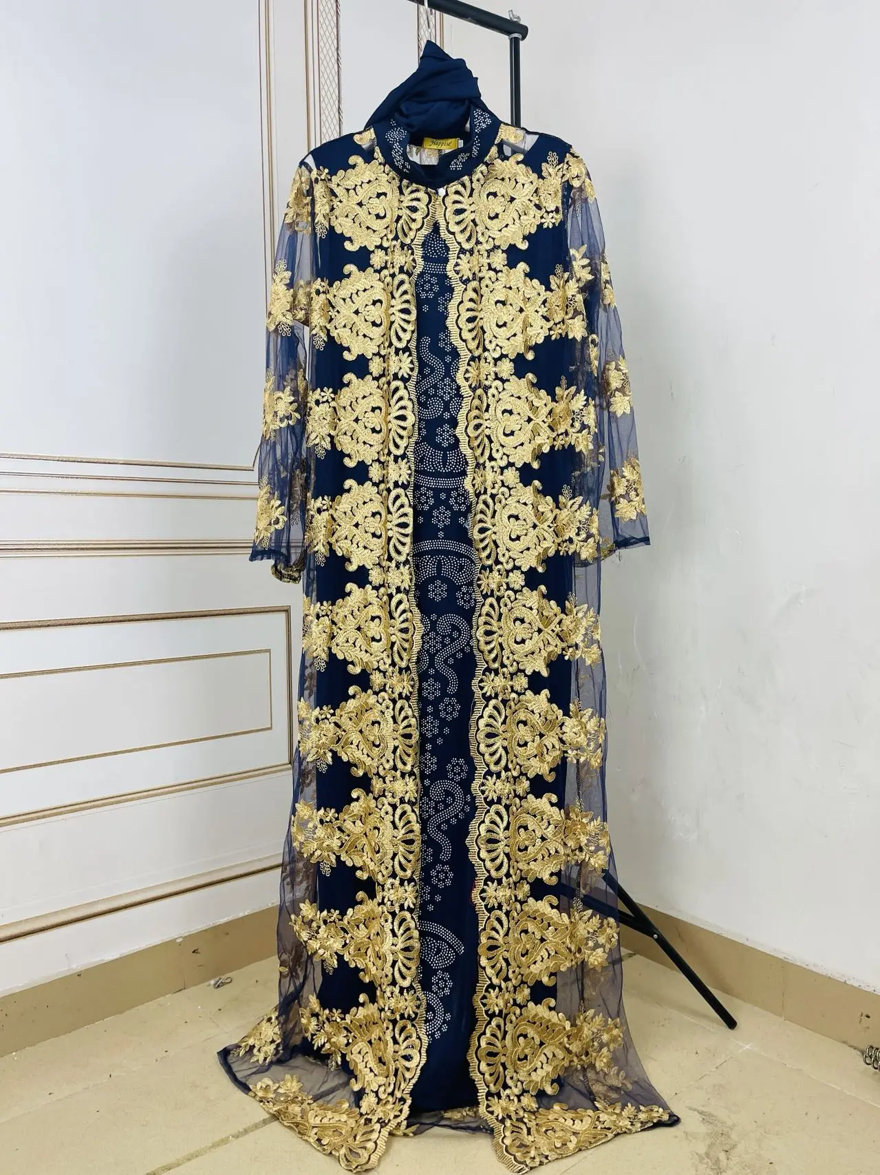 African Party  Lace Embroidered Coat And  Pressed Diamond Pattern Long Dress With Scarf  For Lady