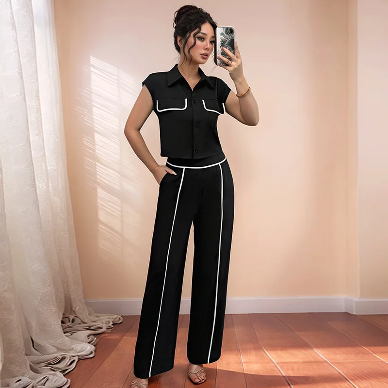 

Women's Summer 2025 Commute Matching Set Color Block Shirt Wide Leg Pants Fashionable Workwear Long Pants No Sleeve