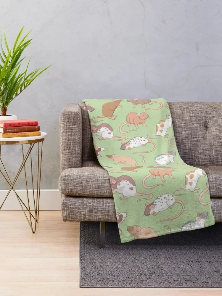 Cute Rattie rats illustration patter against green background Whimsicolour art Throw Blanket warm winter for babies Blankets