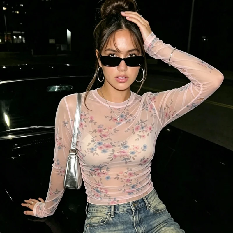 New Chic Autumn Printed Long-sleeved Mesh T-shirt Gentle Top Women's Versatile Flower Shirt Sexy Crew Neck Shirt