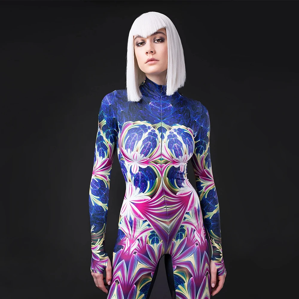 Chroma Robot Steampunk Armor Abstract Painting Bodysuit Halloween Zentai Skinny Leotard Party Cosplay Costume Fancy Jumpsuit