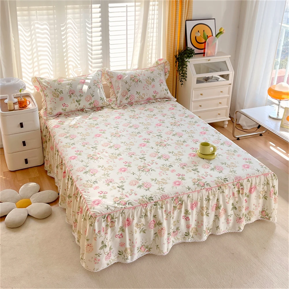 1PC 100%Cotton Bed Skirt Queen/King Size Floral Printed Bed Sheet with Ruffles falda de cama Full Size Bed Skirt for Single Bed