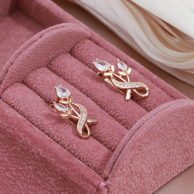 SYOUJYO Rose Flower Natural Zircon Drop Earrings For Women 585 Rose Gold Color Bride Wedding Fine Jewelry Luxury Earring Gifts