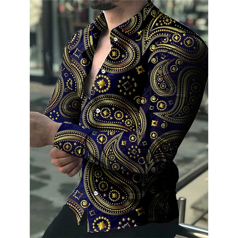 Fashion Luxury Social Men Long Sleeve Shirts Turn-down Collar Buttoned Shirt 2023 Mens Party Clothing Casual Flower Print Tops