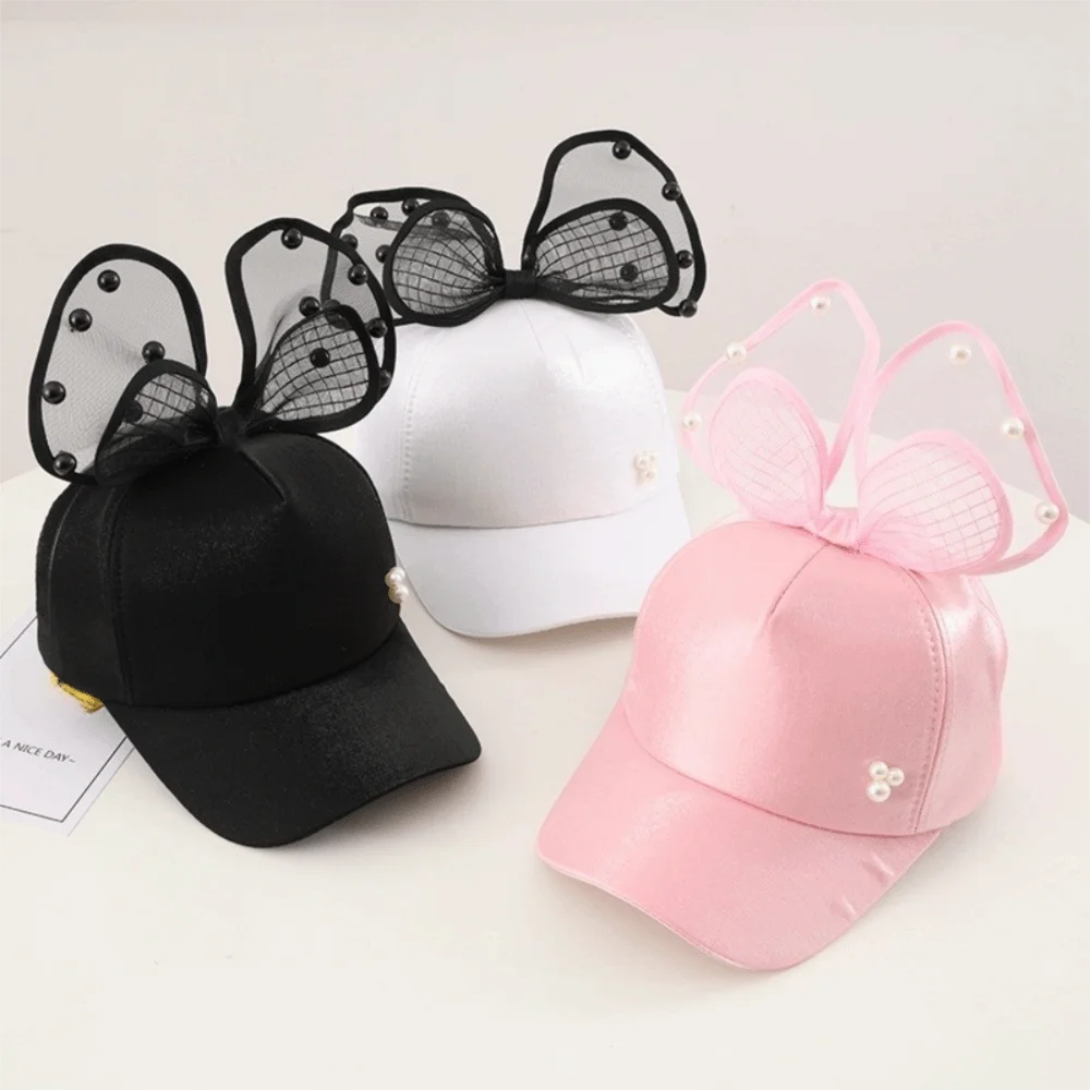 

Sweet Big Bowknot Girls Baseball Cap Mesh Breathable Adjustable Kids Sun Hat Long Brim Pearl Children Peaked Caps